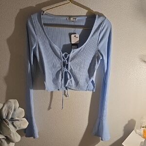 Fashion Nova Light Blue Ribbed Lace-Up Blouse
